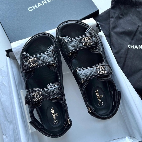 Shoes - Chanel Dad Sandals Black Caviar Dad Sandal GoldCC Logo Mule Slide Flat size37.5
